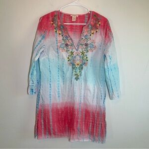 Sundance Boho Beaded Tunic Top Sz M Tie Dye Cotton Embroidered Beach Festival